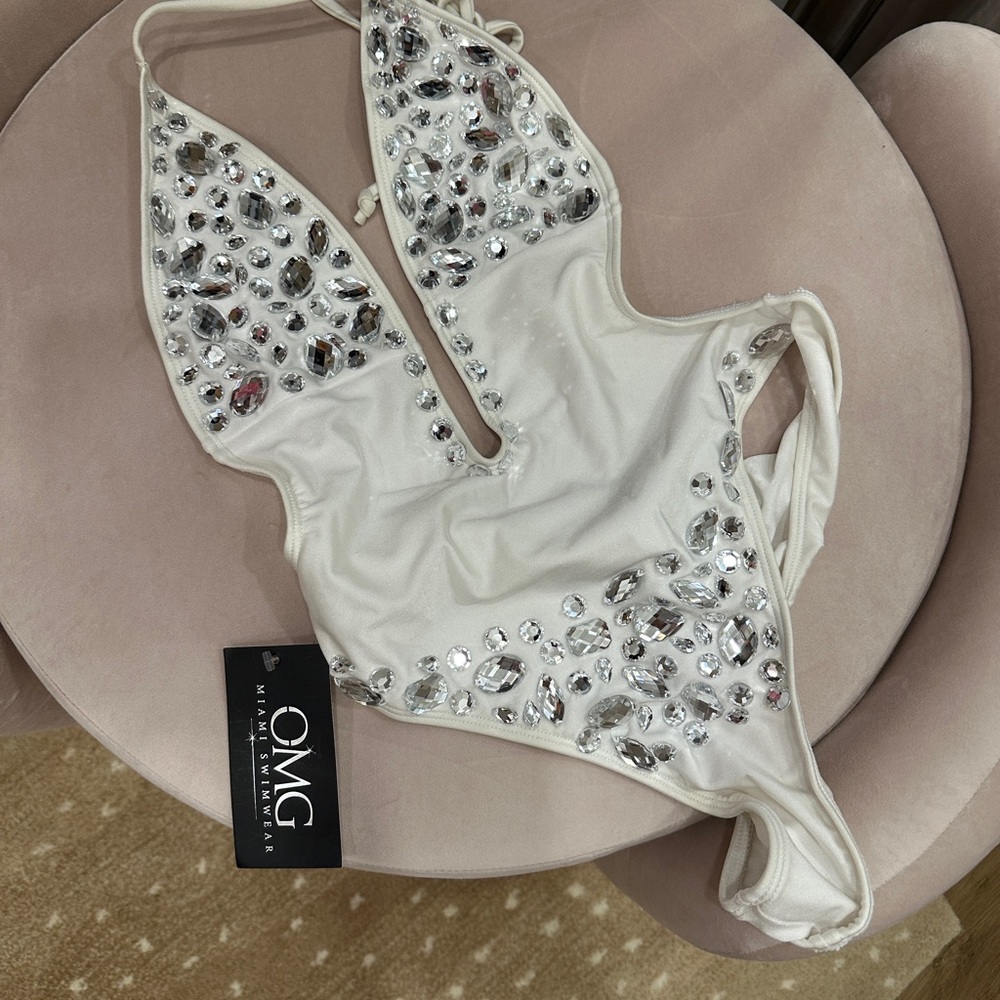OMG White Swimsuit with Silver Embellishments